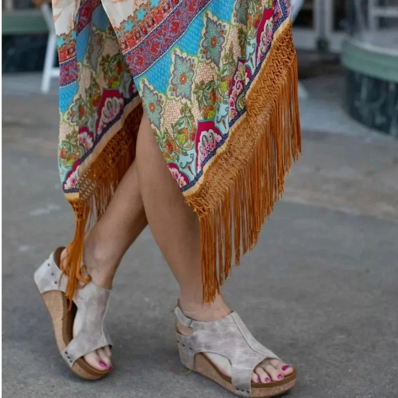 New! Boho Jaquard Print Fringe Kimono Coverup Wrap - Picture 5 of 9
